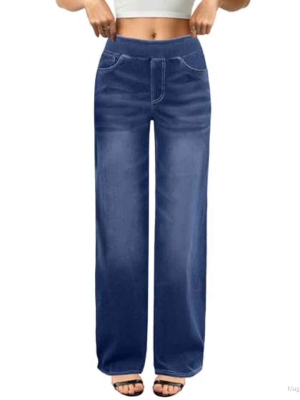 High Waisted Wide Leg Stretchy Pull On Jeans for Women 4 Pockets
